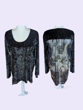 Whimsigoth Crushed Velvet Black Flowy Tunic Burnout Sheer Patterned Back Sz L